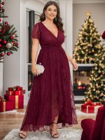 Plus Size Short Sleeve Ruffled V-Neck A-Line Lace Wedding Guest Dress - Image 20