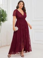 Plus Size Short Sleeve Ruffled V-Neck A-Line Lace Wedding Guest Dress - Image 18