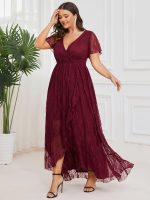 Plus Size Short Sleeve Ruffled V-Neck A-Line Lace Wedding Guest Dress - Image 19