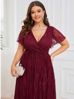 Plus Size Short Sleeve Ruffled V-Neck A-Line Lace Wedding Guest Dress - Image 17