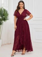Plus Size Short Sleeve Ruffled V-Neck A-Line Lace Wedding Guest Dress - Image 9