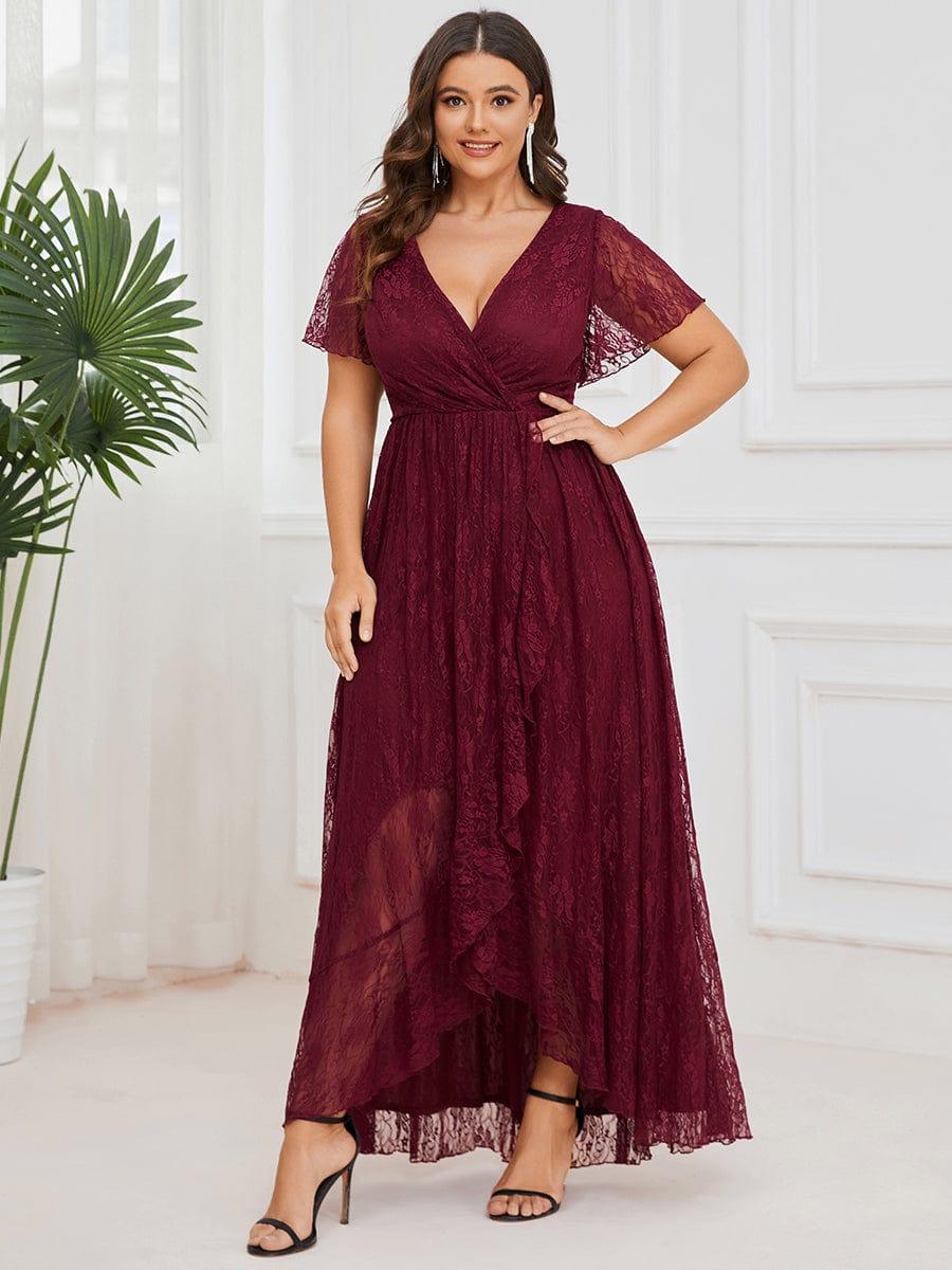 EE01489BD-PR_21831ae5-a2a7-4f0e-85f4-d59acb7cd83d Plus Size Short Sleeve Ruffled V-Neck A-Line Lace Wedding Guest Dress - Image 9
