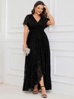 Plus Size Short Sleeve Ruffled V-Neck A-Line Lace Wedding Guest Dress - Image 5