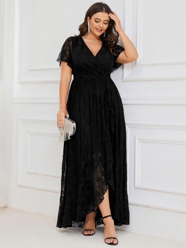 Plus Size Short Sleeve Ruffled V-Neck A-Line Lace Wedding Guest Dress - Image 5