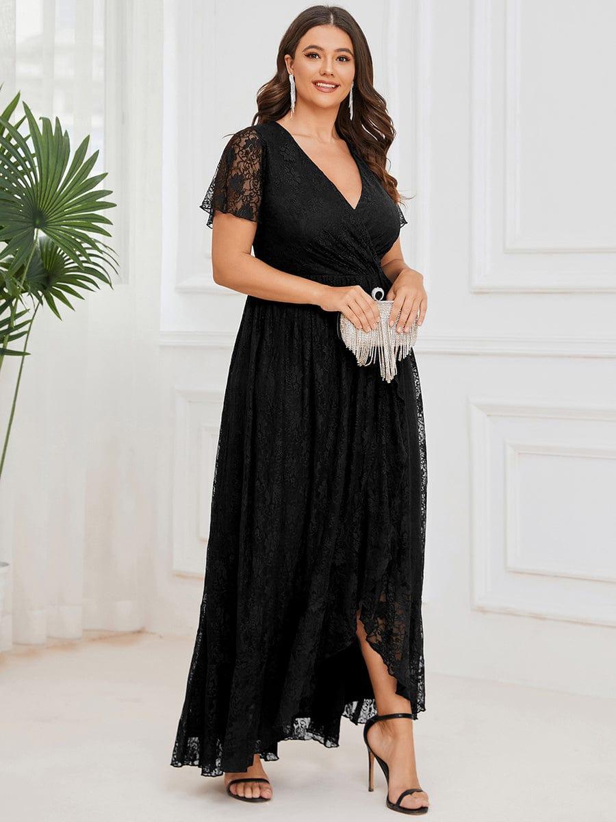 EE01489BK-PR4_dca10b19-3014-4f93-aaee-7fe77adc4214 Plus Size Short Sleeve Ruffled V-Neck A-Line Lace Wedding Guest Dress - Image 28