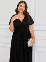 Plus Size Short Sleeve Ruffled V-Neck A-Line Lace Wedding Guest Dress - Image 26