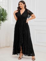 Plus Size Short Sleeve Ruffled V-Neck A-Line Lace Wedding Guest Dress - Image 27