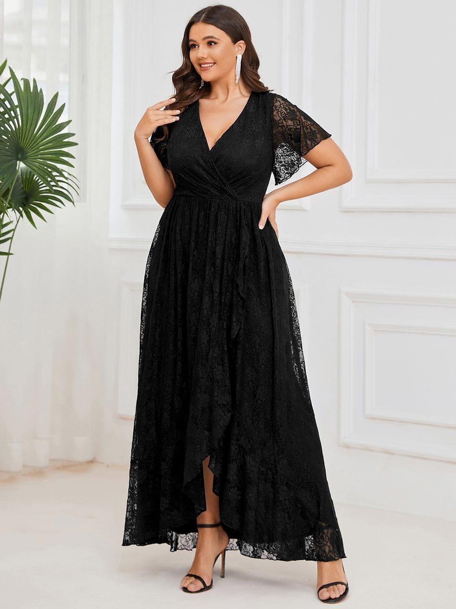 EE01489BK-PR_44db9b60-aba7-4577-b6c6-8bcc7c718991 Plus Size Short Sleeve Ruffled V-Neck A-Line Lace Wedding Guest Dress - Image 27
