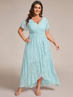 Plus Size Short Sleeve Ruffled V-Neck A-Line Lace Wedding Guest Dress - Image 62