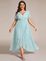Plus Size Short Sleeve Ruffled V-Neck A-Line Lace Wedding Guest Dress - Image 66
