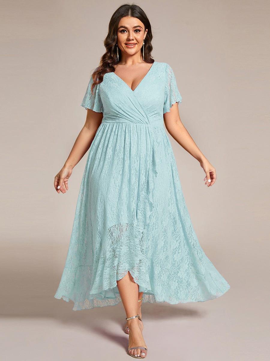 EE01489BL-PR_ee547ca8-aaa1-4e45-bfa0-7f6e0152f1dc Plus Size Short Sleeve Ruffled V-Neck A-Line Lace Wedding Guest Dress - Image 66