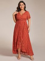 Plus Size Short Sleeve Ruffled V-Neck A-Line Lace Wedding Guest Dress - Image 46