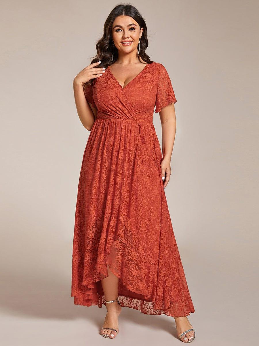 EE01489BO-PR Plus Size Short Sleeve Ruffled V-Neck A-Line Lace Wedding Guest Dress - Image 46
