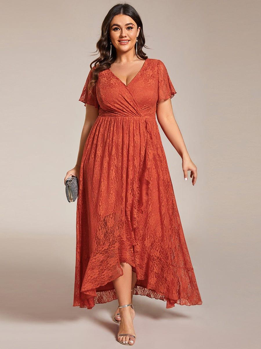 EE01489BO-PR4 Plus Size Short Sleeve Ruffled V-Neck A-Line Lace Wedding Guest Dress - Image 42