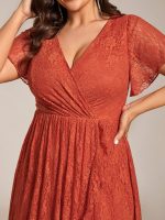 Plus Size Short Sleeve Ruffled V-Neck A-Line Lace Wedding Guest Dress - Image 44