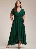 Plus Size Short Sleeve Ruffled V-Neck A-Line Lace Wedding Guest Dress - Image 41