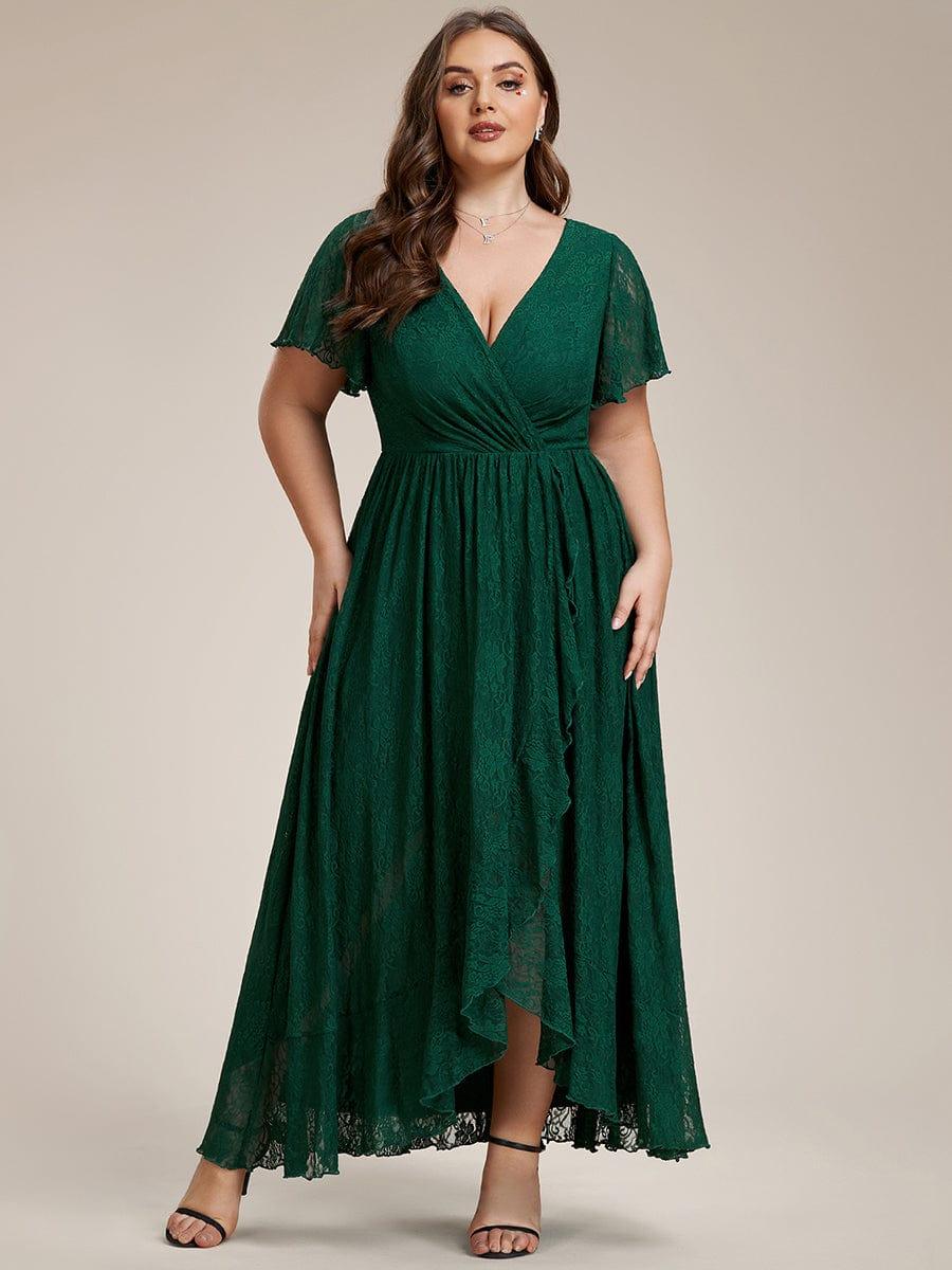 EE01489DG-PR Plus Size Short Sleeve Ruffled V-Neck A-Line Lace Wedding Guest Dress - Image 41