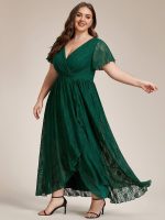 Plus Size Short Sleeve Ruffled V-Neck A-Line Lace Wedding Guest Dress - Image 40