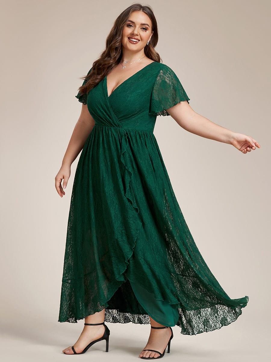 EE01489DG-PR3 Plus Size Short Sleeve Ruffled V-Neck A-Line Lace Wedding Guest Dress - Image 40