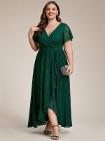 Plus Size Short Sleeve Ruffled V-Neck A-Line Lace Wedding Guest Dress - Image 37