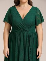 Plus Size Short Sleeve Ruffled V-Neck A-Line Lace Wedding Guest Dress - Image 39