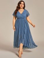 Plus Size Short Sleeve Ruffled V-Neck A-Line Lace Wedding Guest Dress - Image 36