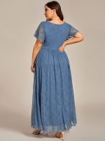 Plus Size Short Sleeve Ruffled V-Neck A-Line Lace Wedding Guest Dress - Image 4