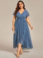 Plus Size Short Sleeve Ruffled V-Neck A-Line Lace Wedding Guest Dress - Image 3
