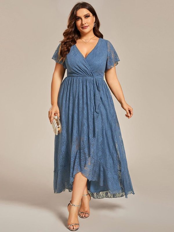 Plus Size Short Sleeve Ruffled V-Neck A-Line Lace Wedding Guest Dress - Image 3