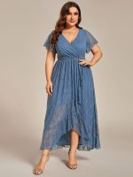 Plus Size Short Sleeve Ruffled V-Neck A-Line Lace Wedding Guest Dress - Image 35