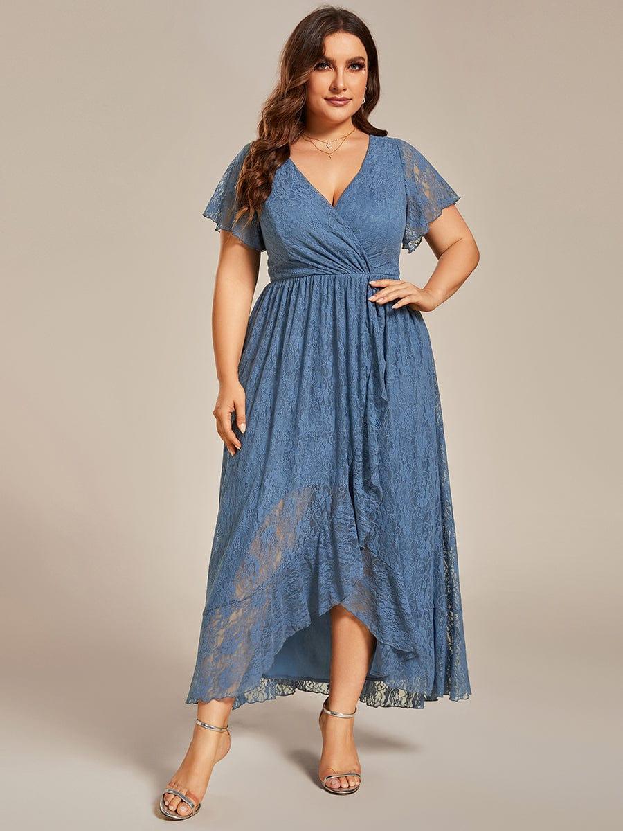 EE01489DN-PR5 Plus Size Short Sleeve Ruffled V-Neck A-Line Lace Wedding Guest Dress - Image 35
