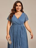 Plus Size Short Sleeve Ruffled V-Neck A-Line Lace Wedding Guest Dress - Image 34