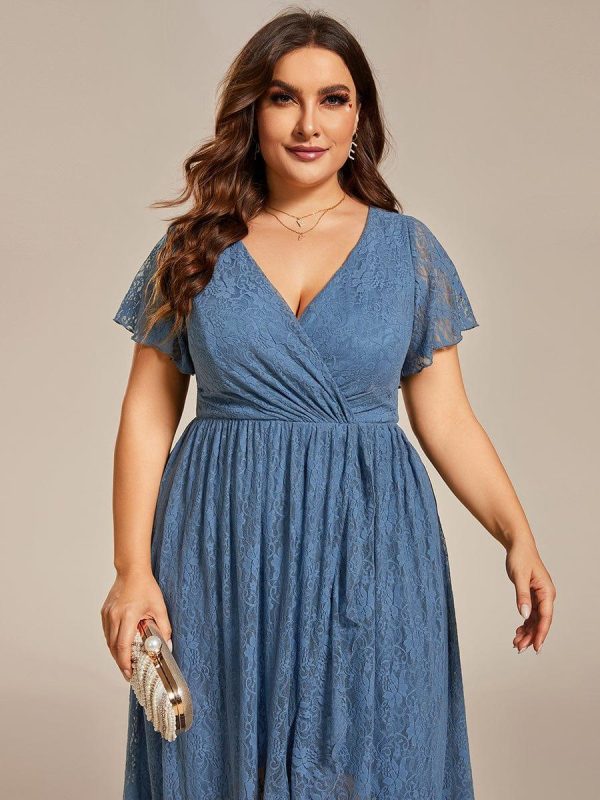 Plus Size Short Sleeve Ruffled V-Neck A-Line Lace Wedding Guest Dress - Image 34
