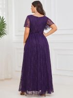 Plus Size Short Sleeve Ruffled V-Neck A-Line Lace Wedding Guest Dress - Image 8