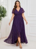 Plus Size Short Sleeve Ruffled V-Neck A-Line Lace Wedding Guest Dress - Image 13