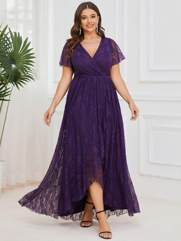 Plus Size Short Sleeve Ruffled V-Neck A-Line Lace Wedding Guest Dress - Image 13