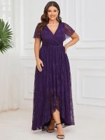 Plus Size Short Sleeve Ruffled V-Neck A-Line Lace Wedding Guest Dress - Image 7