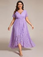 Plus Size Short Sleeve Ruffled V-Neck A-Line Lace Wedding Guest Dress - Image 51