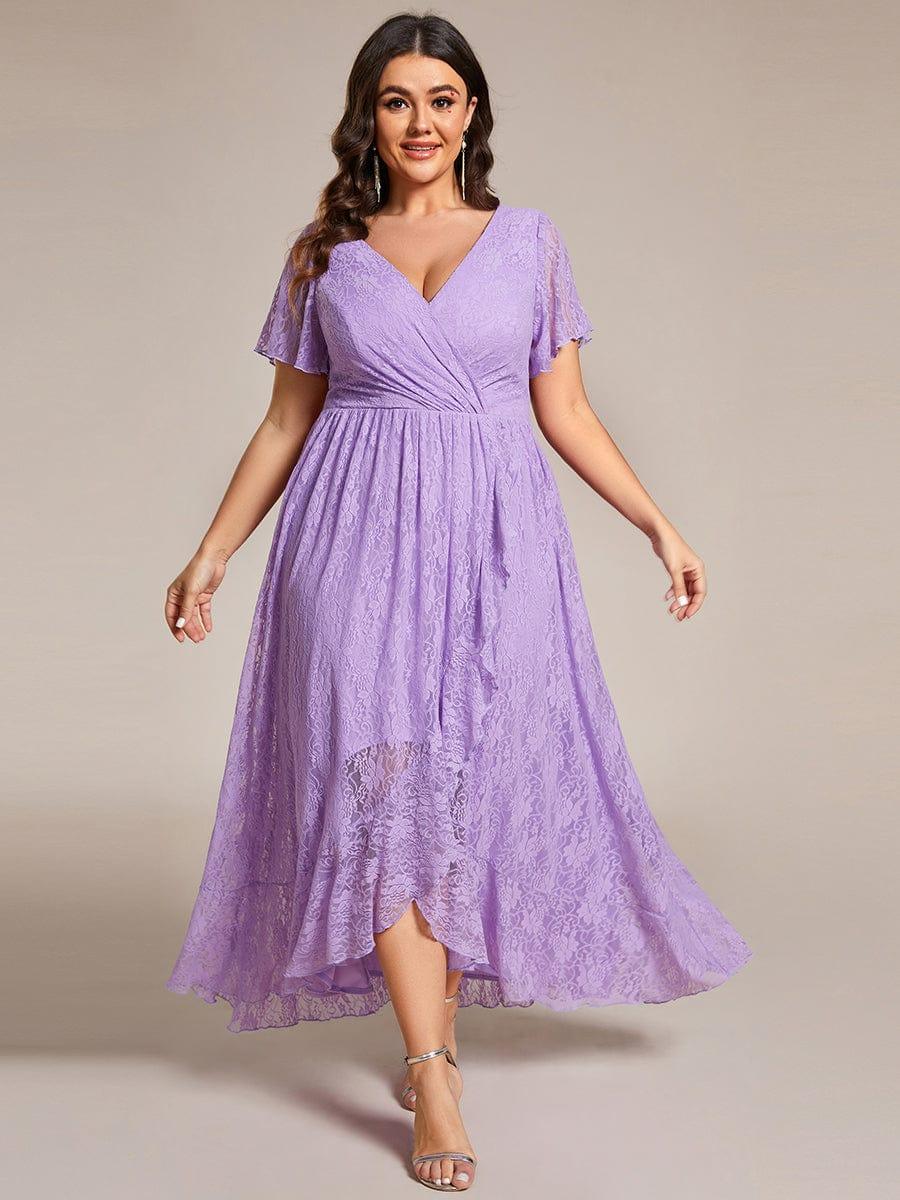 EE01489LV-PR Plus Size Short Sleeve Ruffled V-Neck A-Line Lace Wedding Guest Dress - Image 51