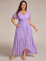 Plus Size Short Sleeve Ruffled V-Neck A-Line Lace Wedding Guest Dress - Image 47