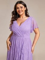 Plus Size Short Sleeve Ruffled V-Neck A-Line Lace Wedding Guest Dress - Image 49
