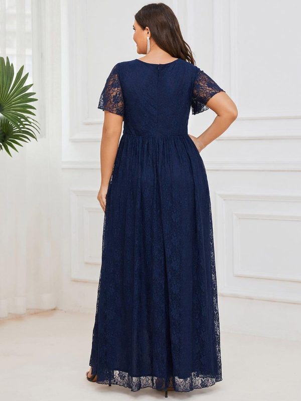 Plus Size Short Sleeve Ruffled V-Neck A-Line Lace Wedding Guest Dress - Image 2