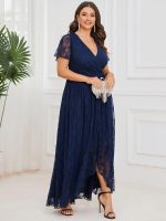Plus Size Short Sleeve Ruffled V-Neck A-Line Lace Wedding Guest Dress - Image 15