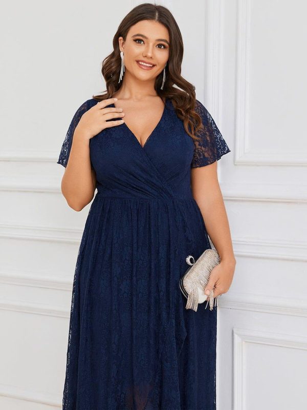 Plus Size Short Sleeve Ruffled V-Neck A-Line Lace Wedding Guest Dress - Image 14