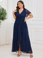 Plus Size Short Sleeve Ruffled V-Neck A-Line Lace Wedding Guest Dress
