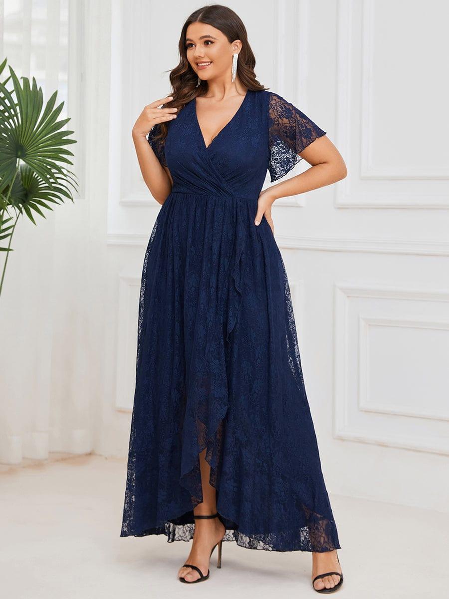 EE01489NB-PR_85549d8f-6649-40ea-9871-4fd94f5f48e7 Plus Size Short Sleeve Ruffled V-Neck A-Line Lace Wedding Guest Dress - Image 1