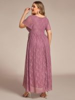 Plus Size Short Sleeve Ruffled V-Neck A-Line Lace Wedding Guest Dress - Image 30
