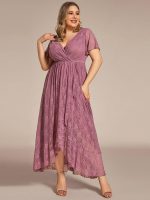 Plus Size Short Sleeve Ruffled V-Neck A-Line Lace Wedding Guest Dress - Image 29