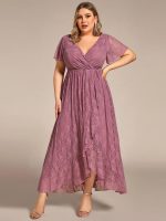 Plus Size Short Sleeve Ruffled V-Neck A-Line Lace Wedding Guest Dress - Image 32