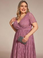 Plus Size Short Sleeve Ruffled V-Neck A-Line Lace Wedding Guest Dress - Image 31